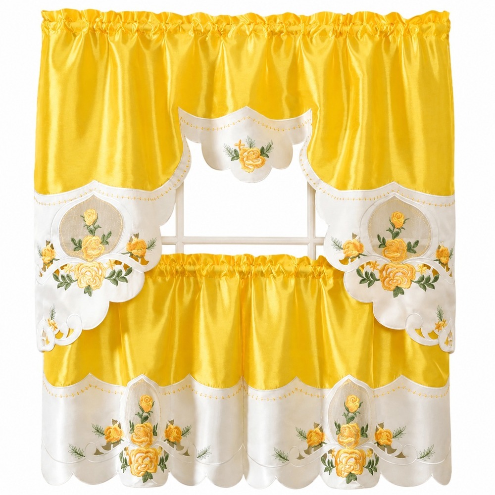 Yellow Rose Embroidered Kitchen Curtain Set Swag Valance Tier Farmhouse Floral